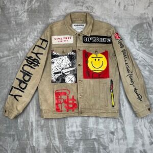 Fly Supply Jacket Medium Beige Graffiti Painted Patched Denim Style Mens